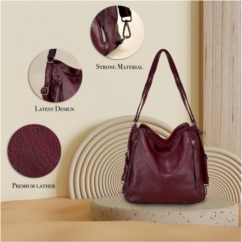 Suvarnika Women's PU Leather Medium Shoulder Zipper Handbag (Wine red)