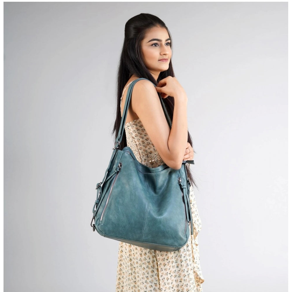 Suvarnika Women's PU Leather Medium Shoulder Zipper Handbag (Blue)