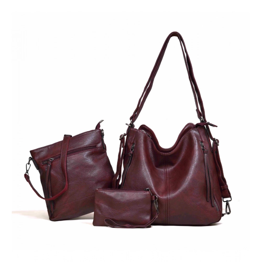 Suvarnika Women's PU Leather Medium Shoulder Zipper Handbag (Wine red)