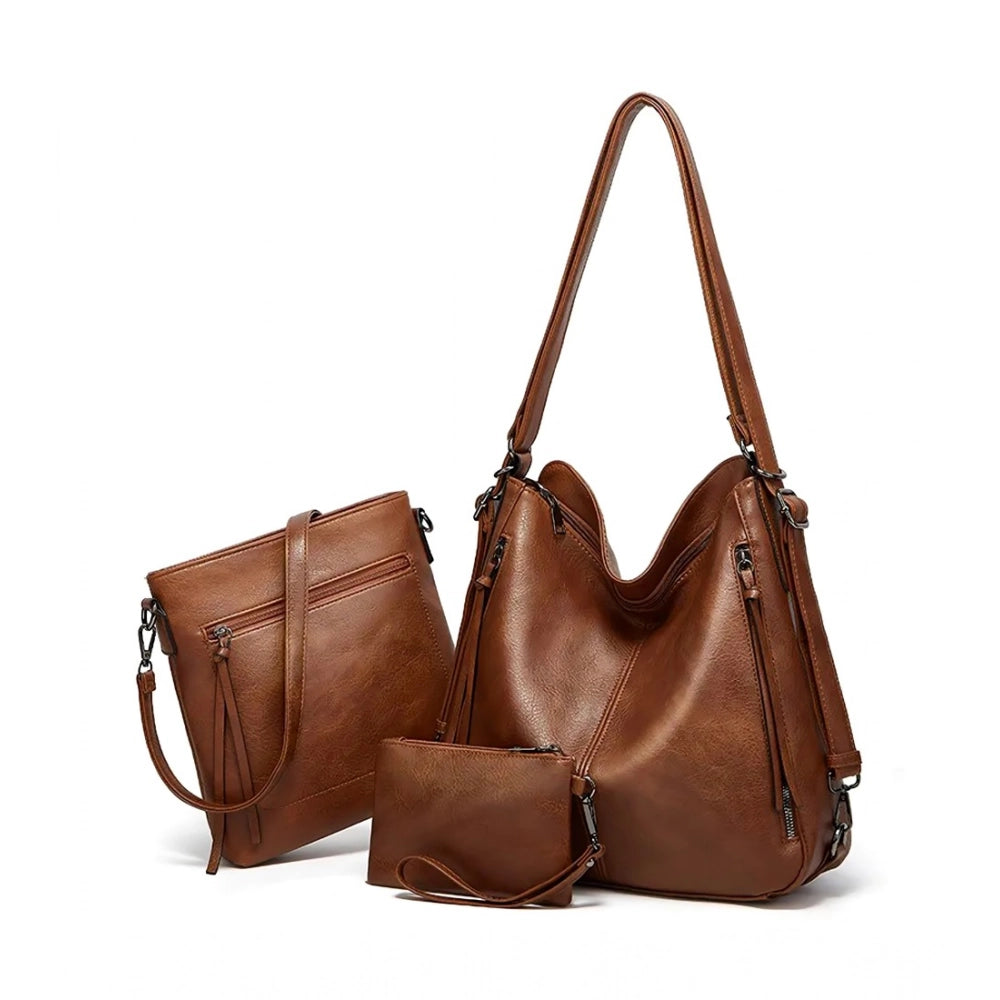 Suvarnika Women's PU Leather Medium Shoulder Zipper Handbag (Brown)