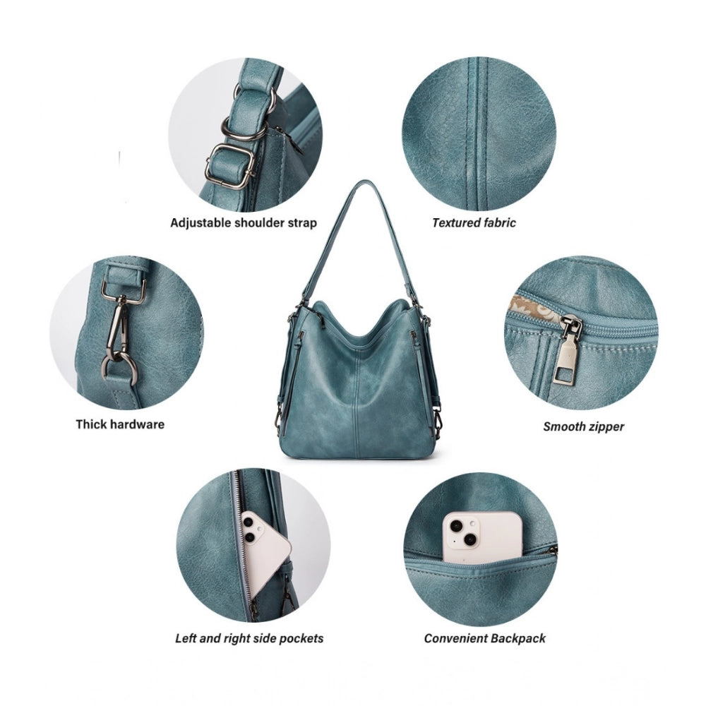 Suvarnika Women's PU Leather Medium Shoulder Zipper Handbag (Blue)