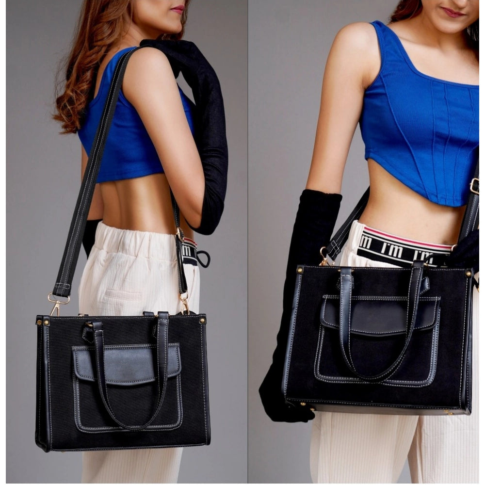 Suvarnika Women's Canvas Medium Top handle Satchel Zipper Handbag (Black)