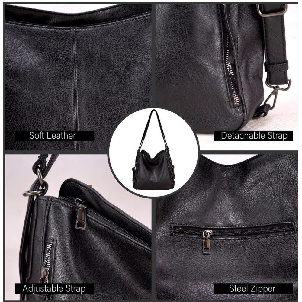Suvarnika Women's PU Leather Medium Shoulder Zipper Handbag (Black)