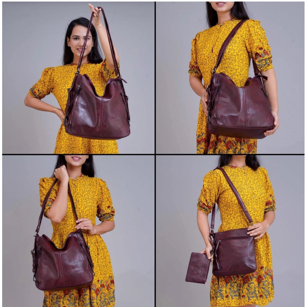 Suvarnika Women's PU Leather Medium Shoulder Zipper Handbag (Wine red)