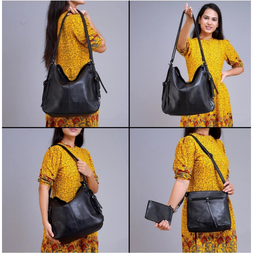 Suvarnika Women's PU Leather Medium Shoulder Zipper Handbag (Black)