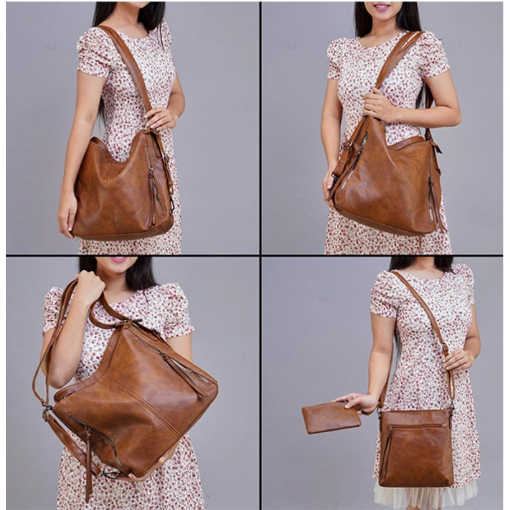 Suvarnika Women's PU Leather Medium Shoulder Zipper Handbag (Brown)
