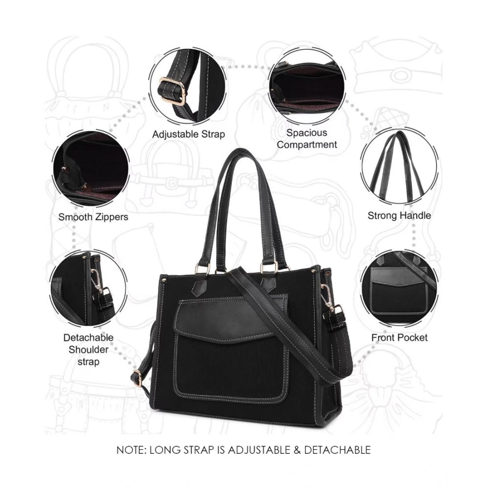 Suvarnika Women's Canvas Medium Top handle Satchel Zipper Handbag (Black)