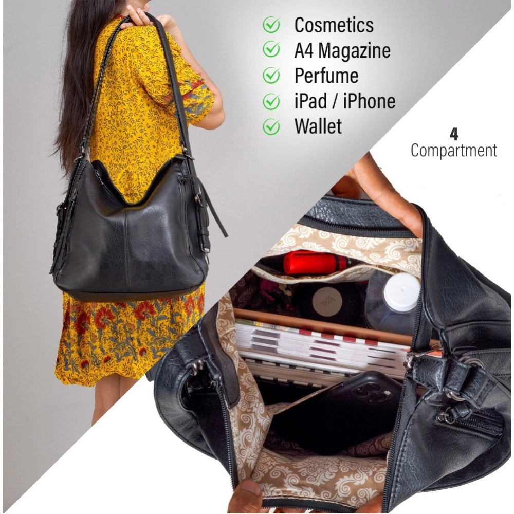 Suvarnika Women's PU Leather Medium Shoulder Zipper Handbag (Black)