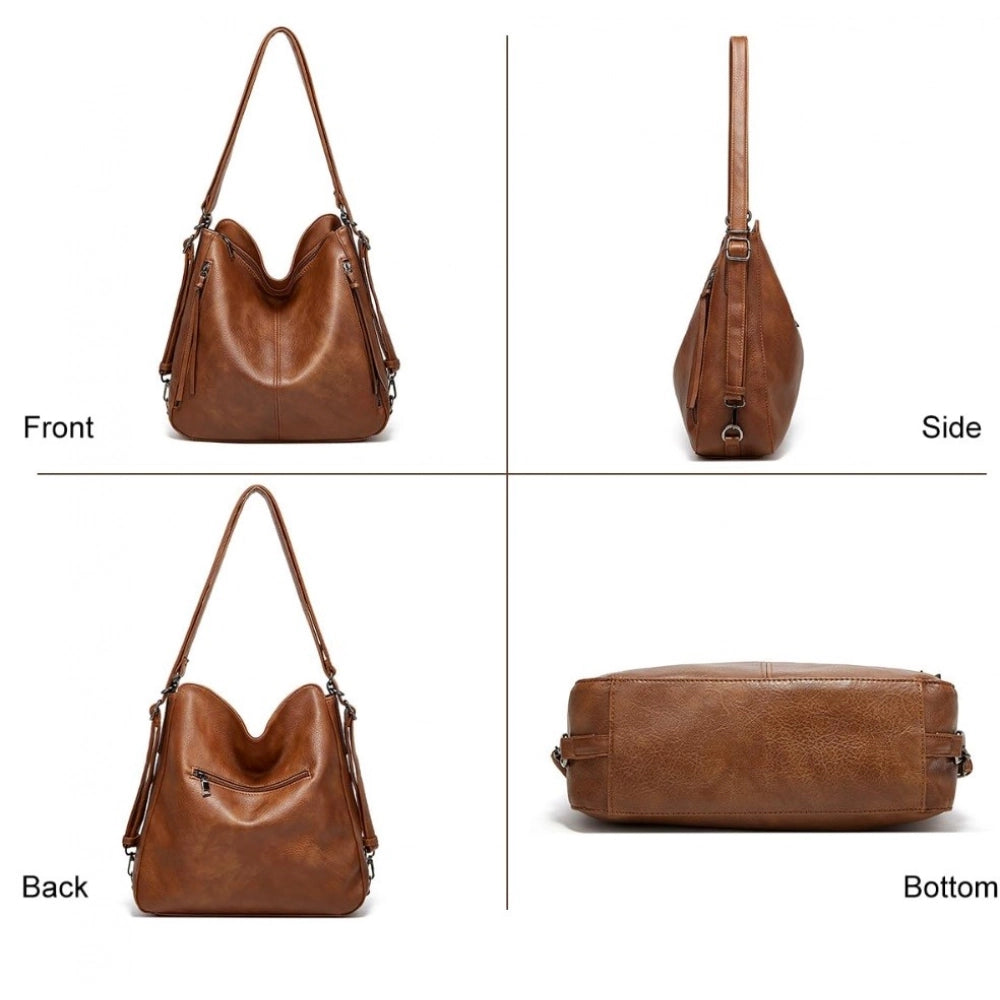 Suvarnika Women's PU Leather Medium Shoulder Zipper Handbag (Brown)