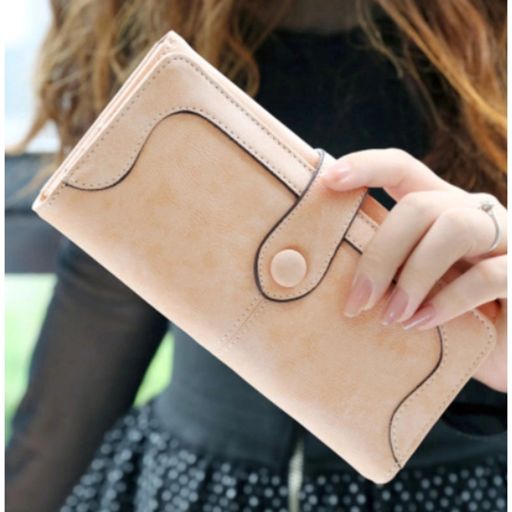 Suvarnika Women's Faux Leather Medium Snap Button Wallet (Khakhi)