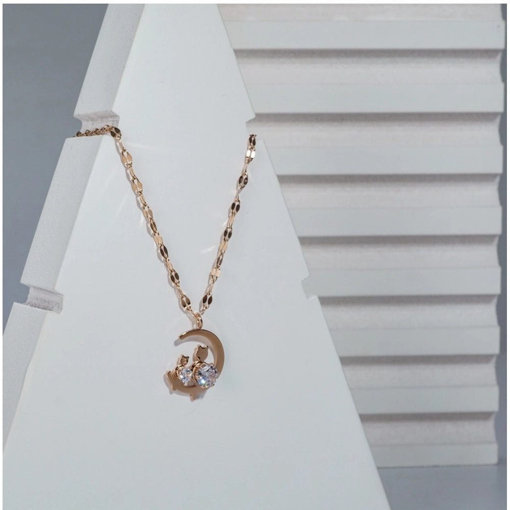 Suvarnika Women's Stainless Steel Moon Pendent Delicate Chain (Gold Plated)