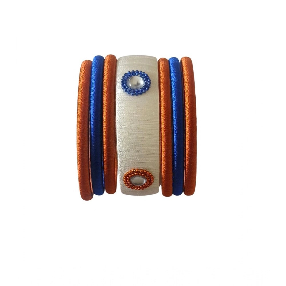 Suvarnika Women's Plastic Silk Thread Bangles (White-Brown-Blue, Size: 2.8)