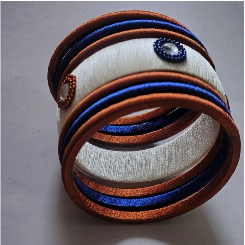 Suvarnika Women's Plastic Silk Thread Bangles (White-Brown-Blue, Size: 2.8)