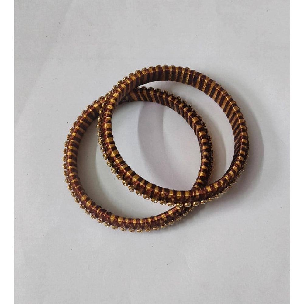 Suvarnika Women's Plastic Silk Thread Bangles (Gold-Dark Brown, Size: 2.6)