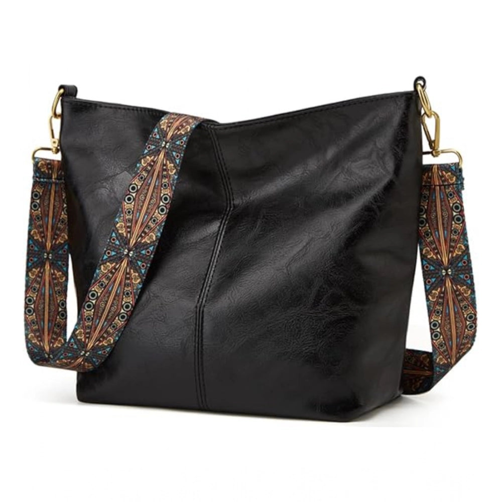 Suvarnika Women's PU Leather Zipper Handbag (Black)