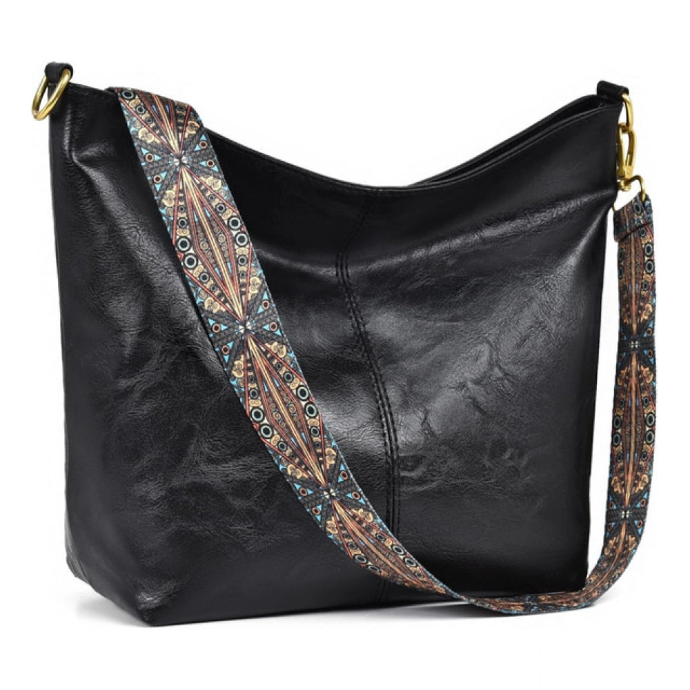 Suvarnika Women's PU Leather Zipper Handbag (Black)