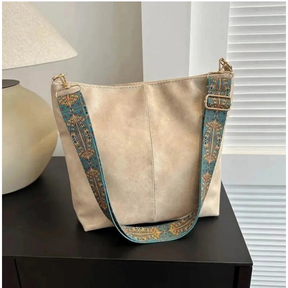 Suvarnika Women's PU Leather Zipper Handbag (Beige)