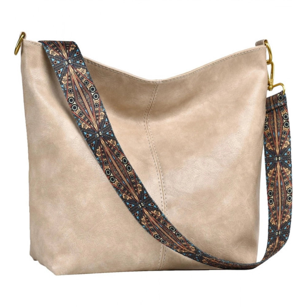 Suvarnika Women's PU Leather Zipper Handbag (Beige)