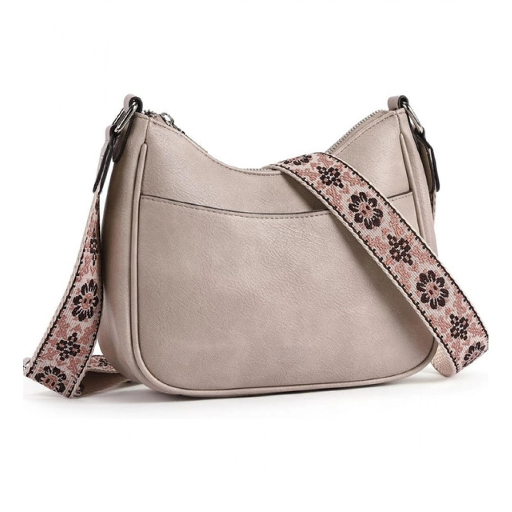 Suvarnika Women's PU Leather Zipper Sling Bag (Beige)