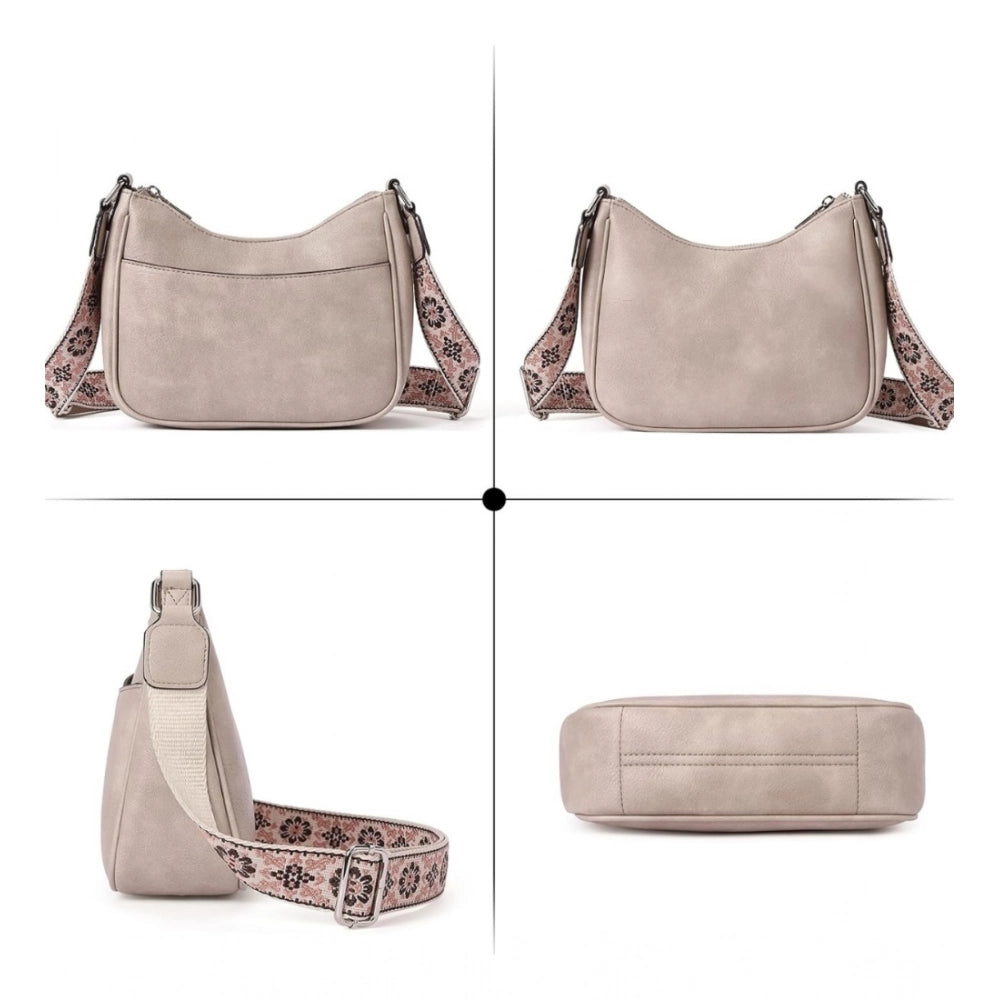 Suvarnika Women's PU Leather Zipper Sling Bag (Beige)
