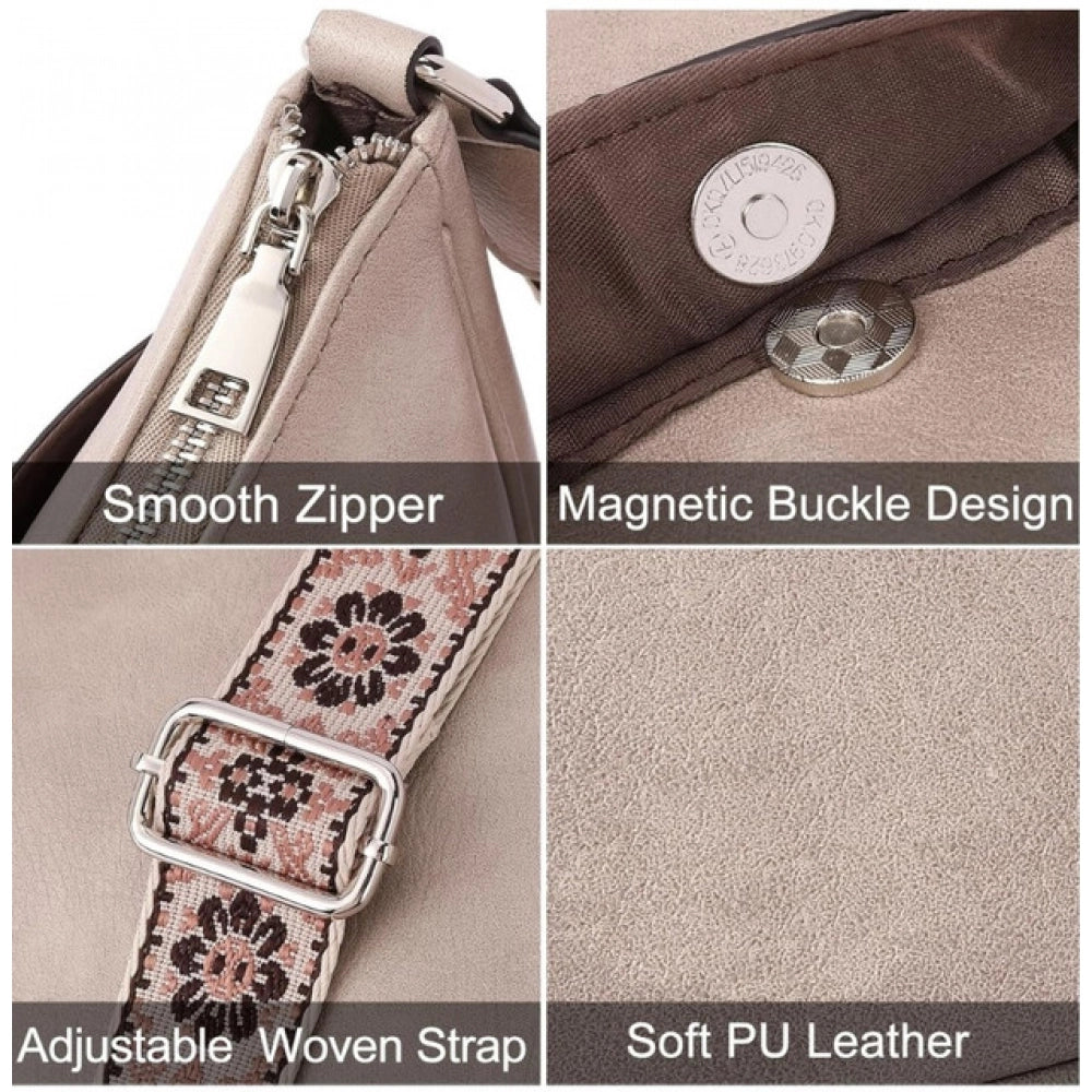 Suvarnika Women's PU Leather Zipper Sling Bag (Beige)