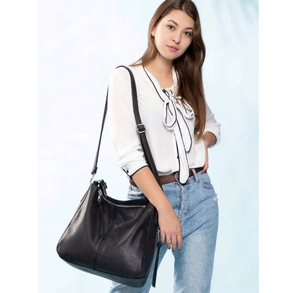 Suvarnika Women's PU Leather Zipper Handbag (Black)