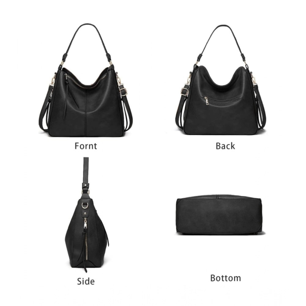 Suvarnika Women's PU Leather Zipper Handbag (Black)