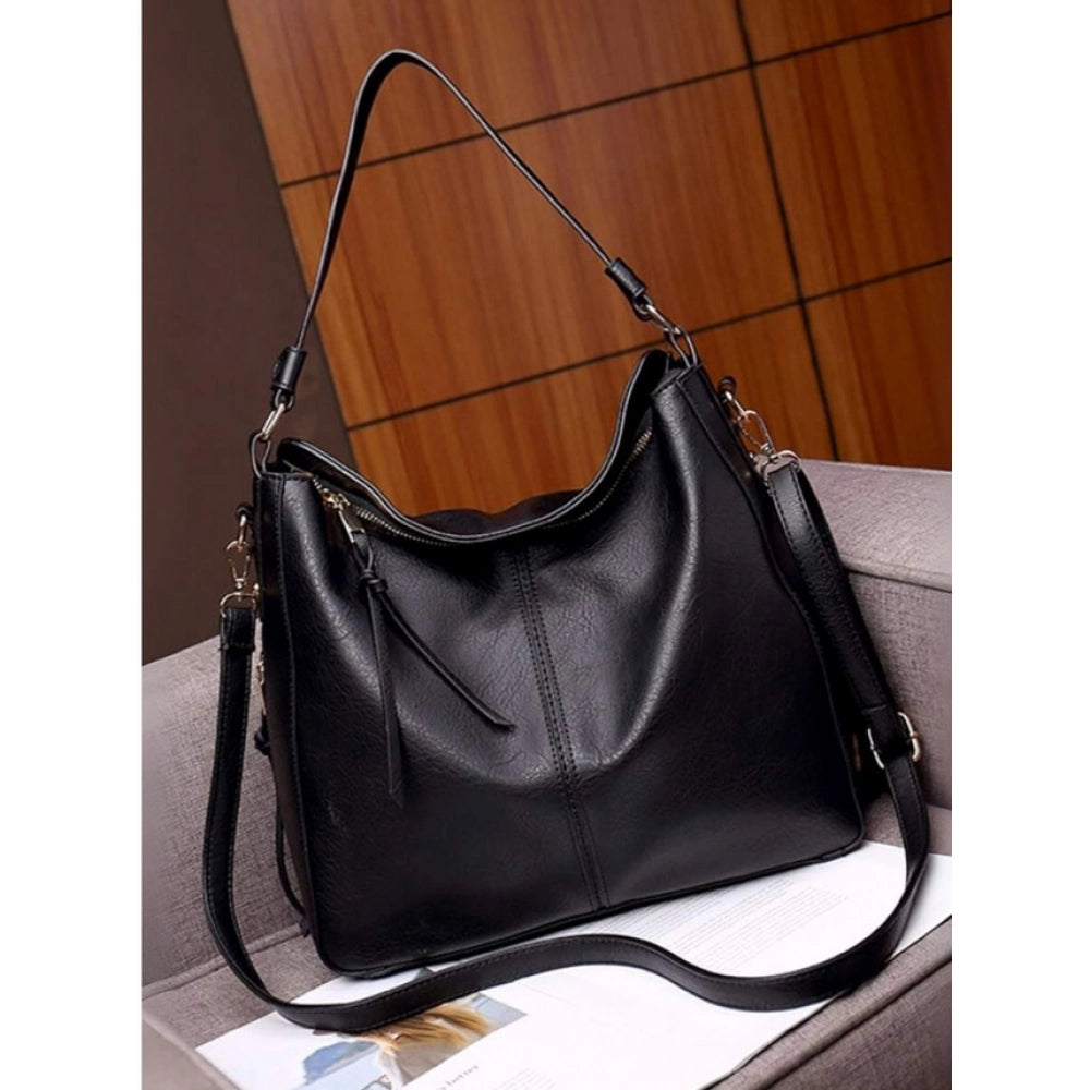 Suvarnika Women's PU Leather Zipper Handbag (Black)