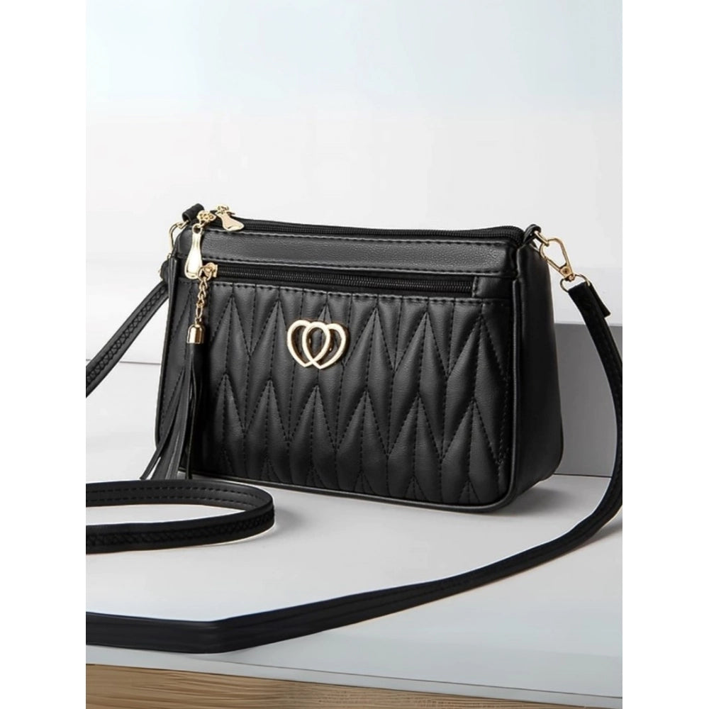 Suvarnika Women's PU Leather Zipper Sling Bag (Black)