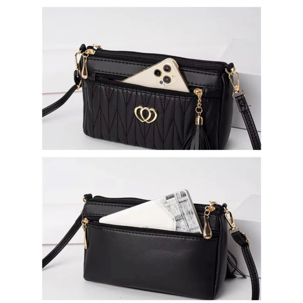 Suvarnika Women's PU Leather Zipper Sling Bag (Black)