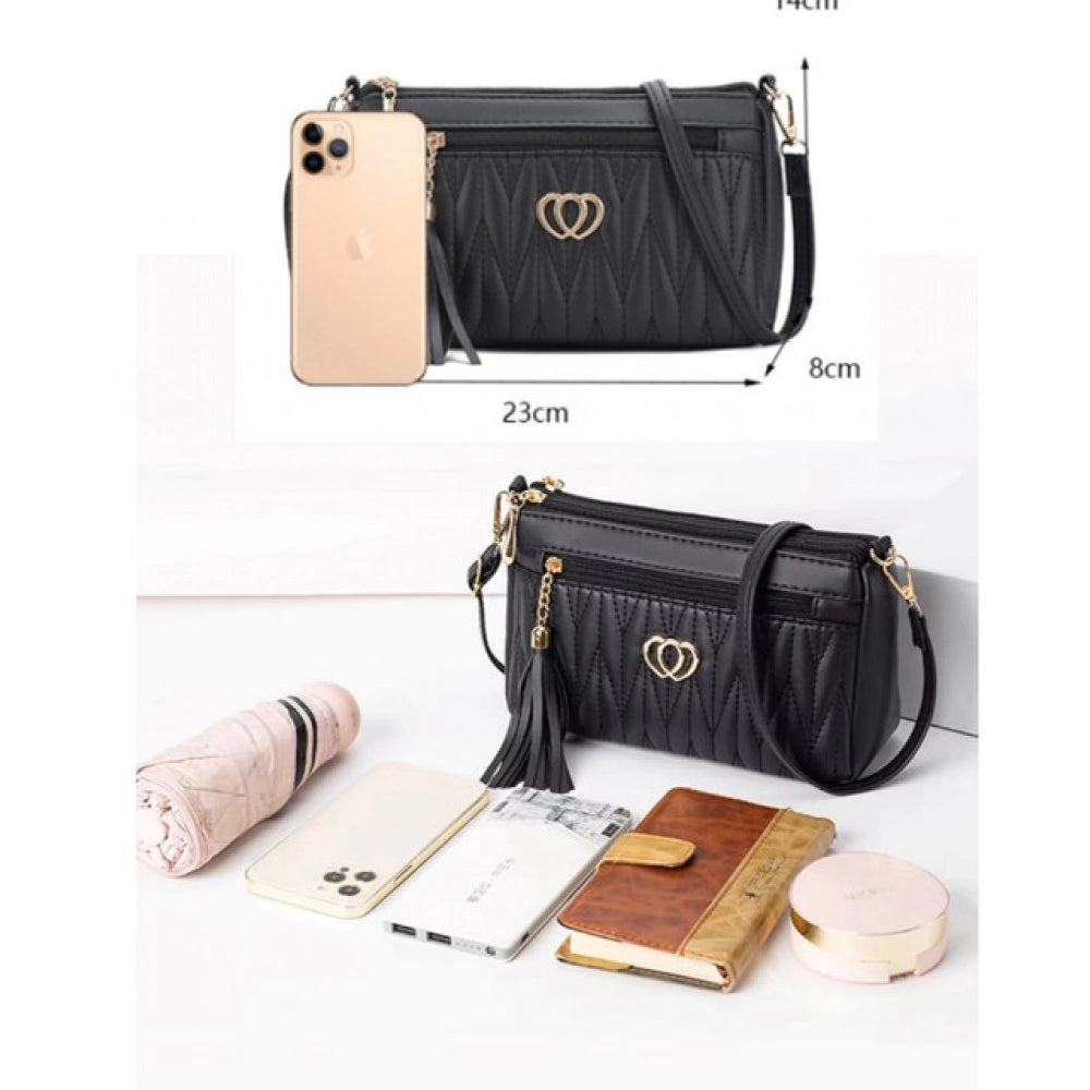 Suvarnika Women's PU Leather Zipper Sling Bag (Black)