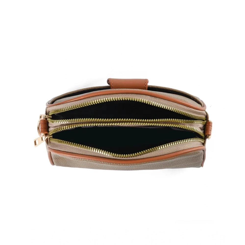 Suvarnika Women's PU Leather Zipper Sling Bag (Khakhi)