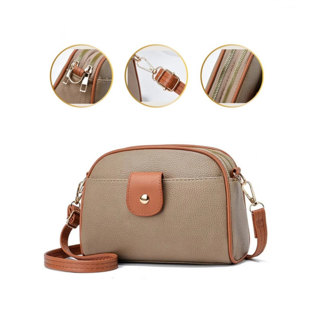 Suvarnika Women's PU Leather Zipper Sling Bag (Khakhi)