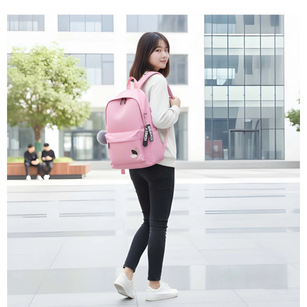 Suvarnika Unisex PU Leather Solid Medium Zipper Backpack (Pink)