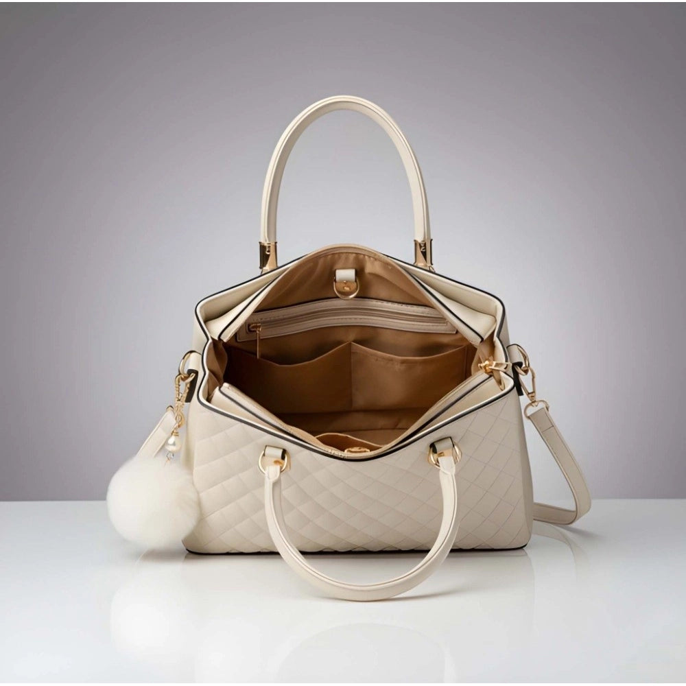 Suvarnika Women's PU Leather Solid Shoulder Zipper Handbag (Cream)