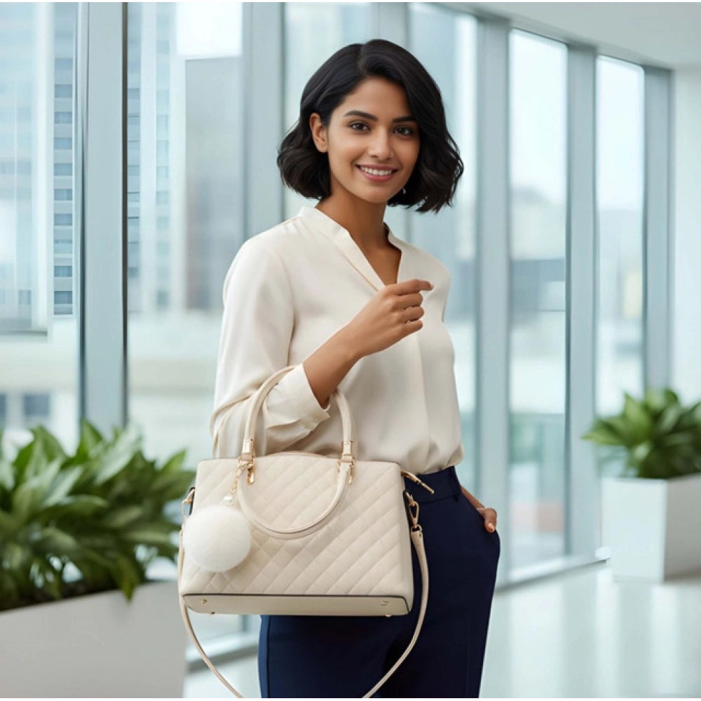 Suvarnika Women's PU Leather Solid Shoulder Zipper Handbag (Cream)