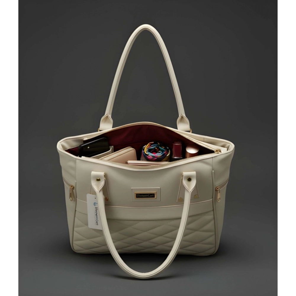 Suvarnika Women's PU Leather Solid Shoulder Zipper Handbag (Cream)