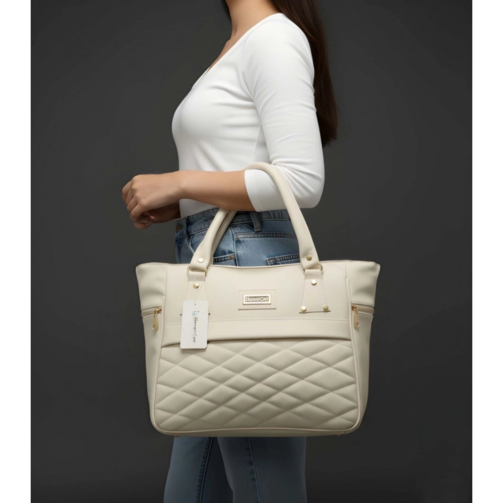 Suvarnika Women's PU Leather Solid Shoulder Zipper Handbag (Cream)